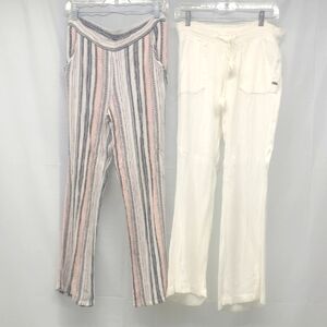 2 Pair Pants Lot Bundle Soft Loungewear White & Verticle Striped Straight Leg S